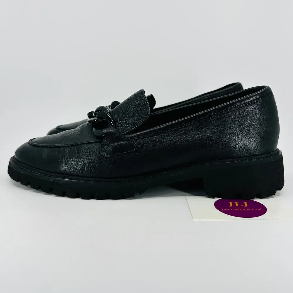 ARA Shoes Women's Kiana Black Pebbled Leather Chain Lug Sole Loafers Size 7.5